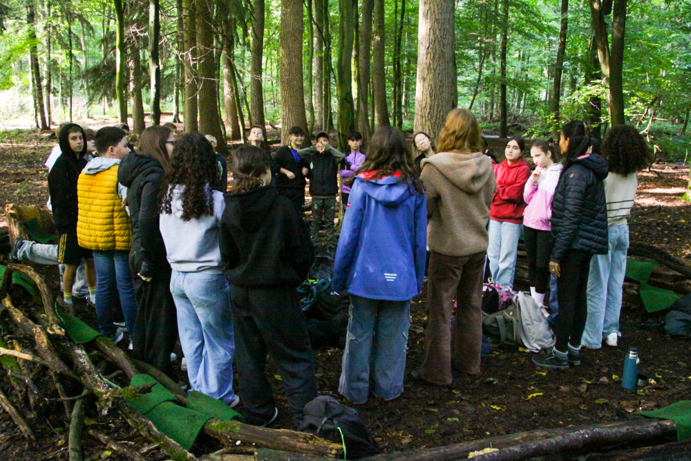 Schüler stehen im Kreis im Wald 